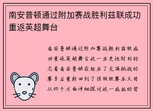 南安普顿通过附加赛战胜利兹联成功重返英超舞台